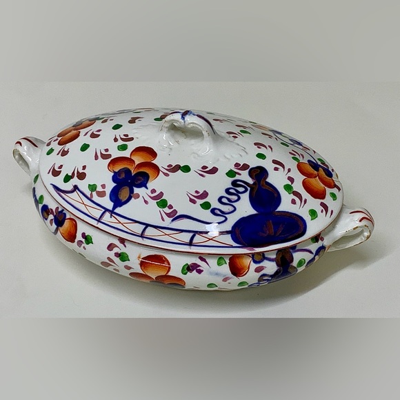 19th Century Antique Gaudy Welsh Oyster Pattern Allertons Marked Lidded Tureen - Picture 10 of 16
